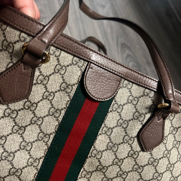 Gucci Brown GG Canvas Tote with Signature Green-Red Stripe - Picture 5 of 12